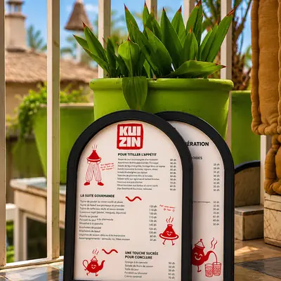 Le menu de Kui-Zin presente sur pied a l'entree de la terrasse